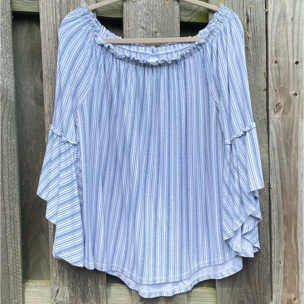 3/4 Bell Sleeve white blue Pinstriped Boho gypsy Hippie Flounce butterfly top